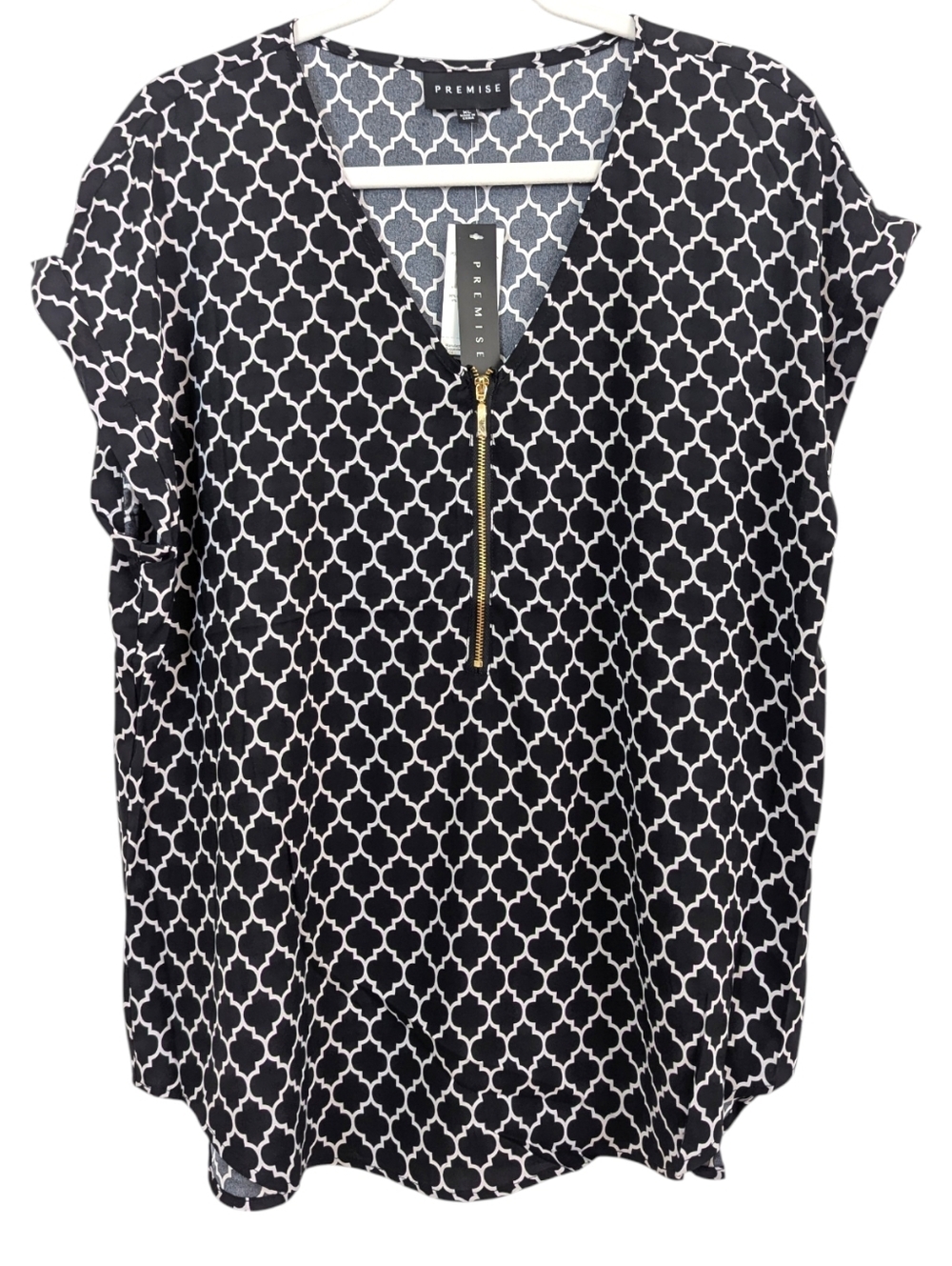 Premise Short Sleeve Top Black White Geometric Print Blouse Office Work Business
